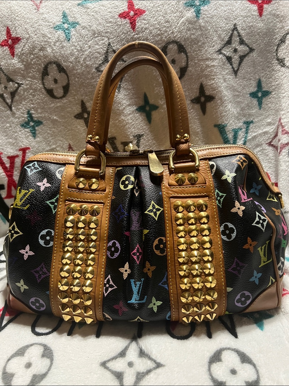 Louis Vuitton Black Multicolor Monogram Courtney Studded Satchel with Tan Trim - Picture 3 of 3